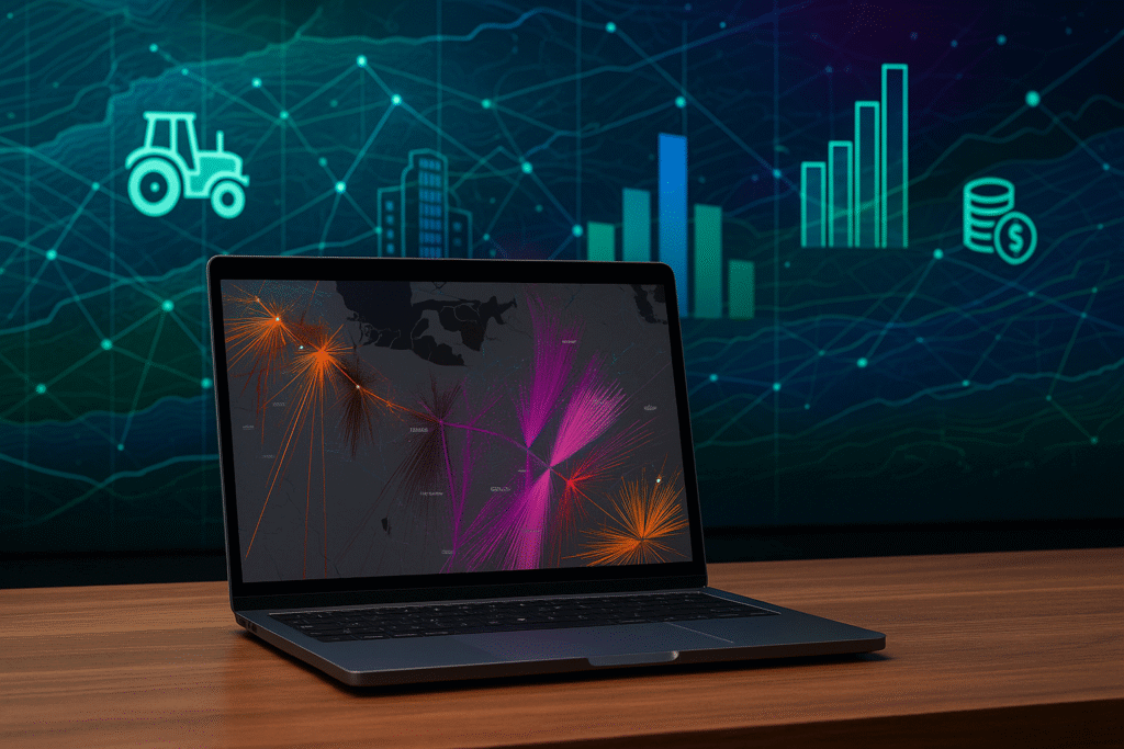 ambiente moderno de trabalho, com uma mesa de madeira, um laptop aberto exibindo um mapa digital colorido e gráficos 3D. Ao fundo, inclua elementos visuais que remetam à tecnologia e à análise de dados, como camadas de mapas, linhas conectando pontos, gráficos de barras e ícones sutis de satélite ou localização. Inclua detalhes que sugiram integração entre setores como construção civil, agronegócio, cidades inteligentes e finanças, usando cores vibrantes (azul, roxo, verde).