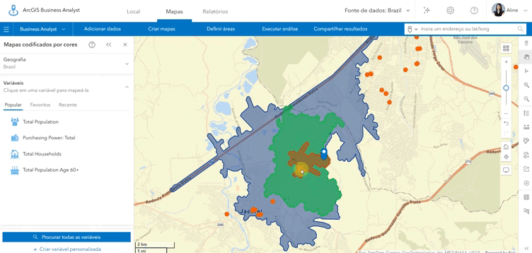 Mapa com zonas de análise e pontos de interesse demarcados no ArcGIS Business Analyst