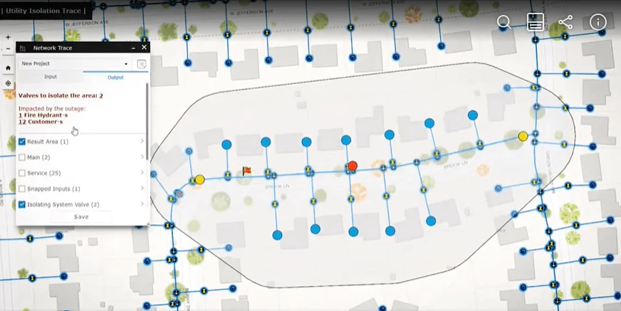 Interface do ArcGIS Utility Network exibindo um traçado de rede de água com pontos de válvulas, hidrantes e clientes afetados por uma interrupção, destacando o uso de GIS para rastreamento e isolamento de áreas em serviços públicos.