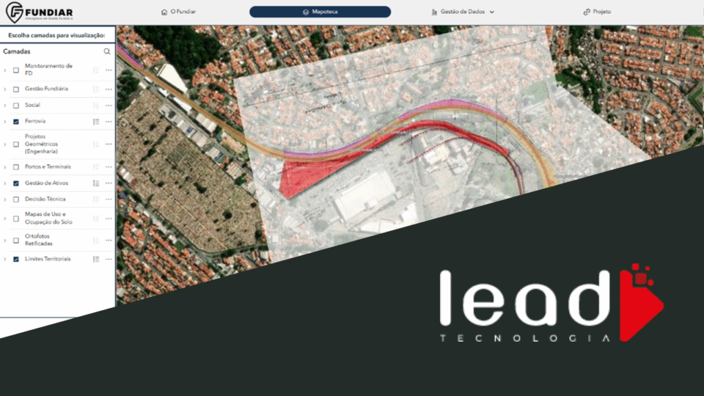 Visual da plataforma FUNDIAR com sobreposição de planta técnica georreferenciada em mapa urbano, destacando o logotipo da Lead Tecnologia na parte inferior como responsável pela solução de inteligência fundiária.