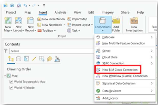 Menu do ArcGIS Pro exibindo a opção New BIM Cloud Connection, que permite integrar projetos BIM armazenados na nuvem ao ambiente GIS.