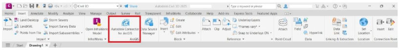 Interface do Autodesk Civil 3D com destaque para o recurso Autodesk Connector for ArcGIS, que conecta modelos BIM a dados GIS.