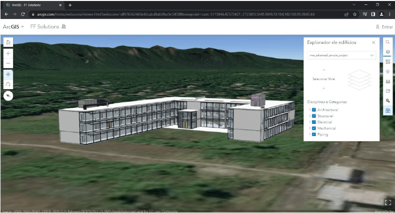 Modelo BIM 3D publicado no ArcGIS Online por meio do ArcGIS Pro, integrando disciplinas como arquitetura, estruturas e instalações.
