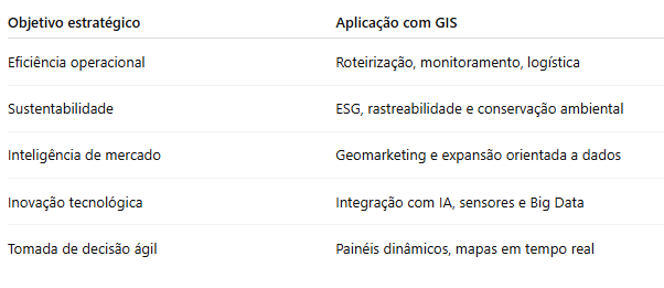 Tabela com duas colunas. Na primeira, objetivos estratégicos como eficiência operacional, sustentabilidade, inteligência de mercado, inovação tecnológica e tomada de decisão ágil. Na segunda, as respectivas aplicações do GIS: roteirização, ESG, geomarketing, integração com IA e uso de painéis em tempo real.