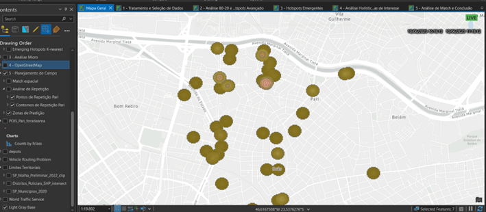 Mapa com pontos circulares representando zonas de predição de ocorrências, com destaque para áreas de concentração em uma região urbana. Interface do ArcGIS Pro visível.