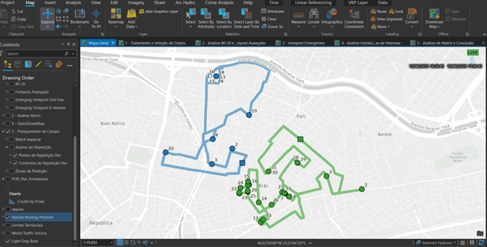 Tela do ArcGIS Pro com análise de roteamento de veículos (VRP), exibindo dois percursos otimizados em azul e verde sobre mapa urbano, com pontos de parada numerados.
