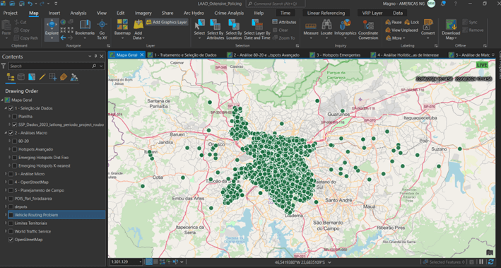 Mapa exibindo pontos de incidentes georreferenciados importados no ArcGIS Pro, com destaque para aglomerações em áreas centrais e zonas de ocorrência periférica.