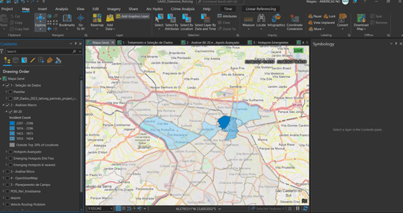Mapa temático no ArcGIS Pro baseado na regra de Pareto (80/20), exibindo polígonos que concentram a maior parte das ocorrências com foco em ações estratégicas.