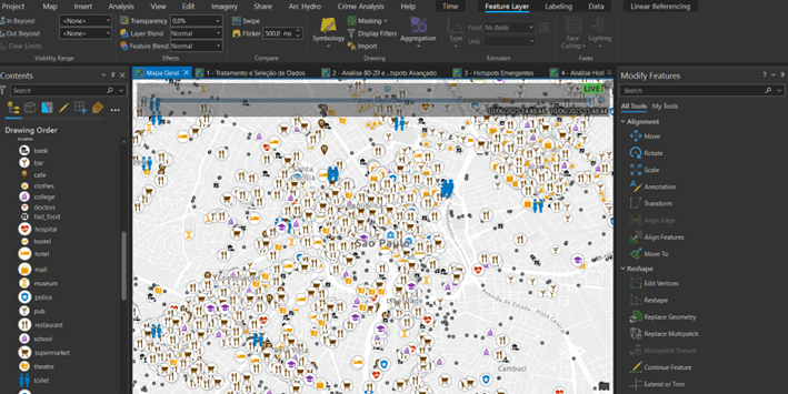 Mapa no ArcGIS Pro exibindo pontos de interesse provenientes da base de dados da Foursquare, com ícones representando estabelecimentos e serviços urbanos variados.