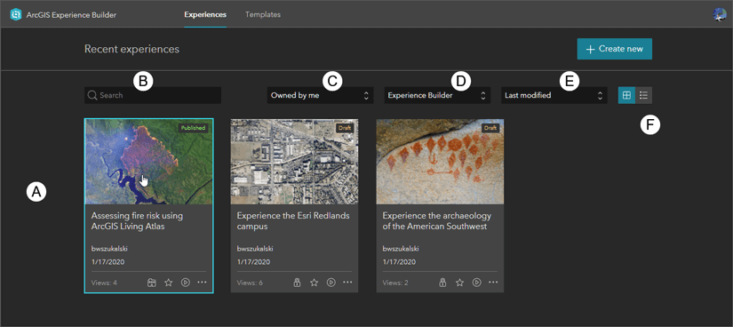 Galeria de templates do ArcGIS Experience Builder mostrando opções como Blank fullscreen, Blank scrolling, Foldable, Launchpad, JewelryBox, Billboard, Journey, Ribbon, General e Introduction para criar aplicativos GIS sem código