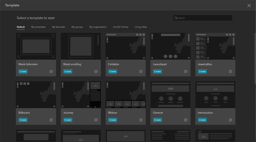 Galeria de templates do ArcGIS Experience Builder mostrando opções como Blank fullscreen, Blank scrolling, Foldable, Launchpad, JewelryBox, Billboard, Journey, Ribbon, General e Introduction para criar aplicativos GIS sem código