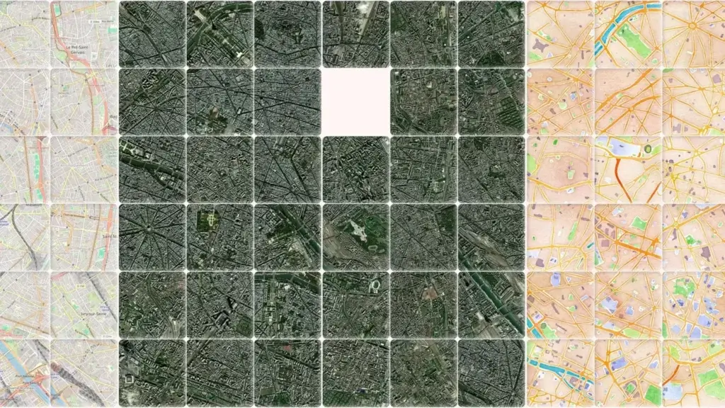 Quebra-cabeça geográfico da cidade de Paris em três estilos diferentes de mapa: vetorial, imagem de satélite e estilo artístico aquarela. As peças estão embaralhadas, com destaque para a diversidade visual.