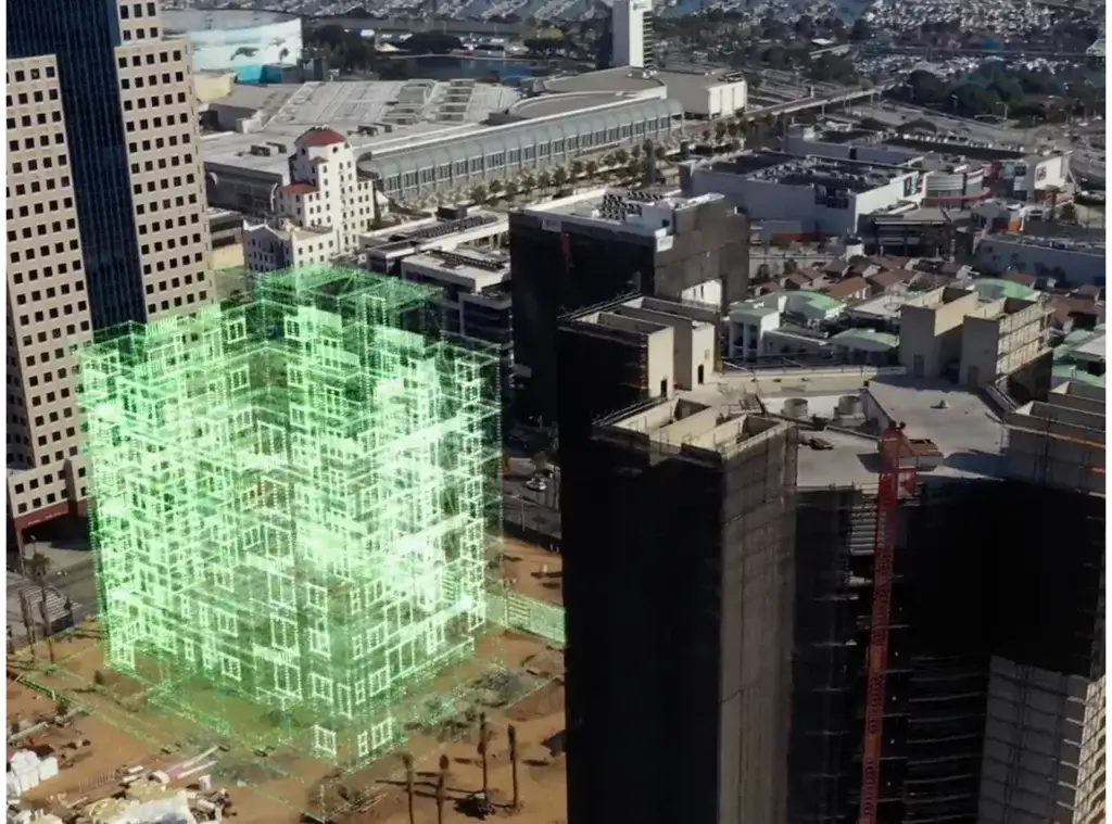 Visualização de uma obra urbana com modelo 3D digital sobreposto em GIS, representando o uso de inteligência geográfica na construção civil.