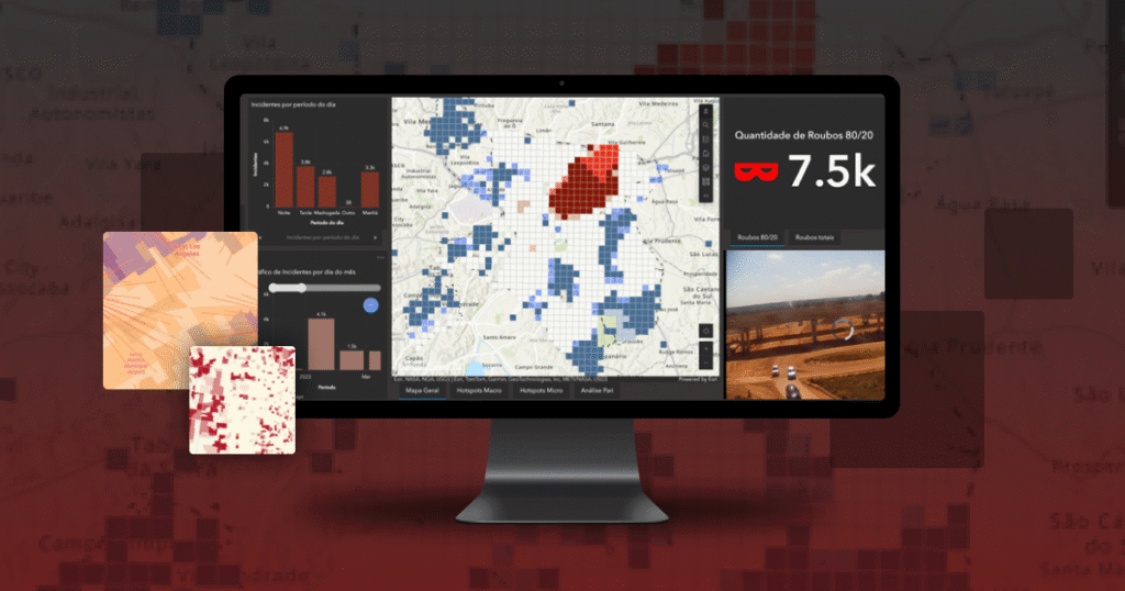 Dashboard de análise criminal exibido em monitor, com mapa de calor indicando áreas de maior incidência de roubos em São Paulo, gráficos de barras com variação por período do dia e do mês, contagem total de roubos (7.5k) e imagem ao vivo de uma rodovia. Ao fundo, mosaico de mapas e pixels em tons vermelhos e azuis destaca o contexto geoespacial da visualização.