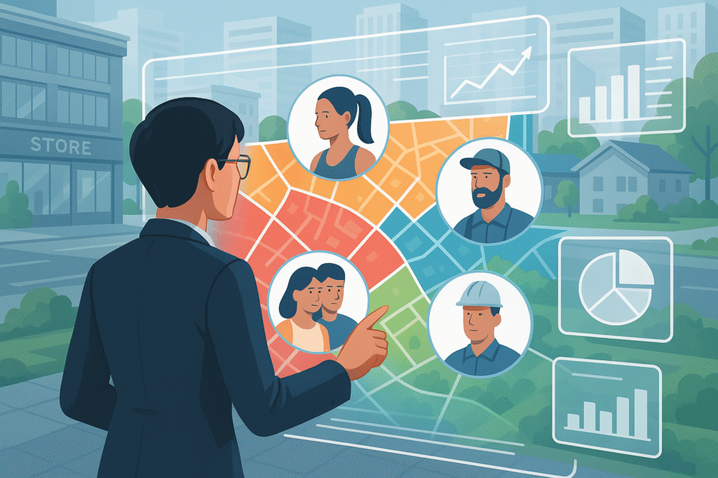 A dynamic and modern corporate scene showing a multicolored map overlaid with data layers and icons representing different consumer personas (e.g., athletic woman, DIY father, young couple, industrial buyer). Each persona is located in a specific area on the map, illustrating psychographic segmentation. A business analyst or GIS professional (gender-neutral) is analyzing the map on a transparent touchscreen interface, with graphs and dashboards floating around. Background shows an urban environment blending retail stores, residential zones, and green spaces. The style is realistic, clean, and futuristic, evoking themes of data analysis, marketing intelligence, and location-based decision-making.