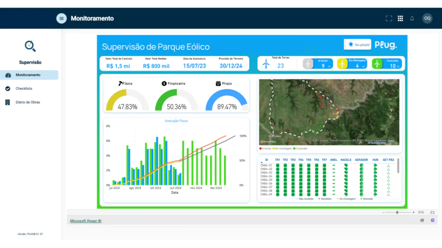 Visualização 3D no ArcGIS Experience Builder mostrando a montagem de torres eólicas com dados integrados de drones e BIM.