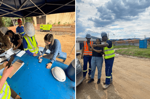 Colaboradores da DP Barros realizando coleta de dados em campo com tablets e smartphones, demonstrando integração entre escritório e obra.