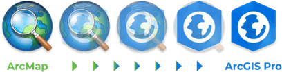 Evolução do ícone do ArcMap até o ArcGIS Pro, representando visualmente a transição entre as versões da plataforma Esri. 