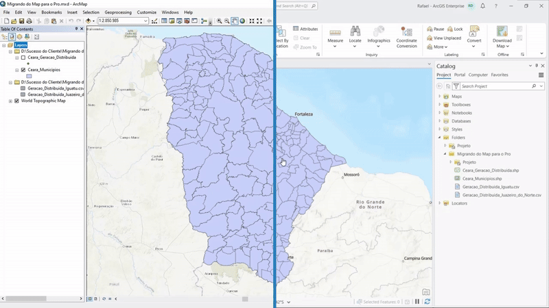 Comparação visual entre ArcMap e ArcGIS Pro mostrando dados de municípios em mapas 2D, destacando a nova interface e desempenho do Pro. 