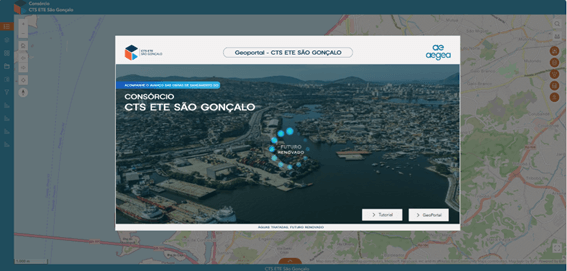 Tela de boas-vindas do Geoportal do consórcio CTS ETE São Gonçalo, com visualização da Baía de Guanabara e menu de navegação.