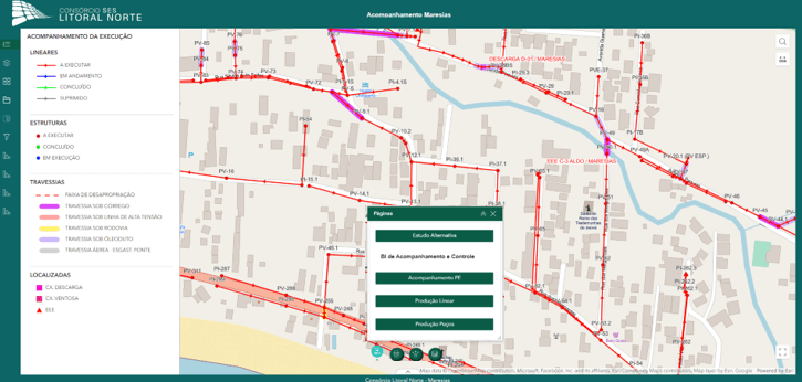 Mapa detalhado da rede de saneamento em Maresias, com destaque para trechos e status de execução usando simbologia personalizada.