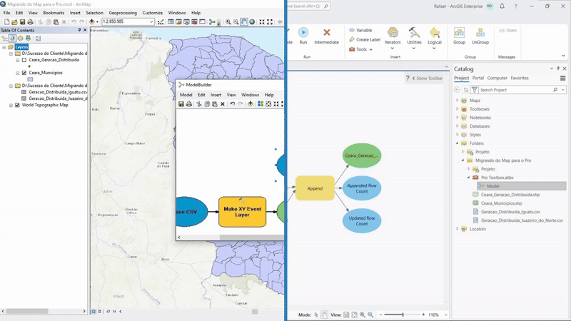 Criação de um modelo de geoprocessamento no ArcMap e no ArcGIS Pro, exibindo as melhorias na interface e fluxo de automação. 