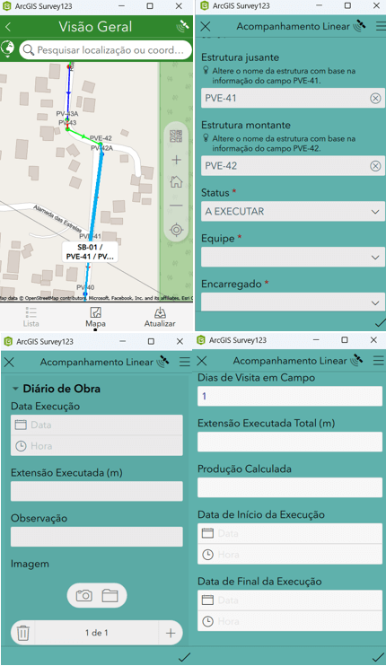 Dashboard de produção linear com extensão executada em metros, dias trabalhados, gráficos por metodologia e situação da obra, com mapa vetorial ao centro.