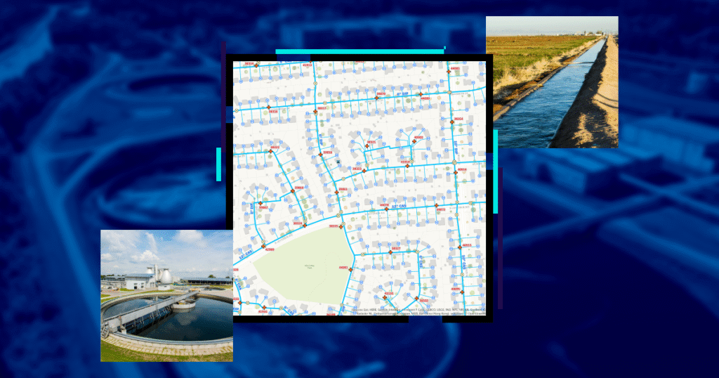 Mapa georreferenciado de rede de saneamento sobreposto a um fundo azul escuro com estações de tratamento de esgoto e canal de irrigação. A imagem central mostra ruas com ligações e estruturas hidráulicas representadas em azul e vermelho, simbolizando conexões de água e esgoto. À esquerda, há uma foto de uma estação de tratamento moderna; à direita, um canal de irrigação em área rural. O design representa a gestão integrada de redes de saneamento e recursos hídricos.
