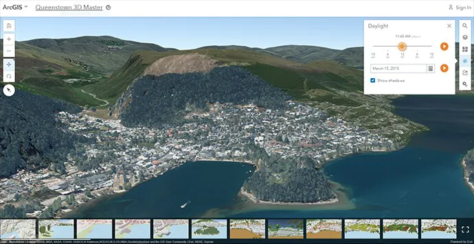 Visualização em 3D de Queenstown no ArcGIS, mostrando relevo, lago e área urbana com camadas geoespaciais.