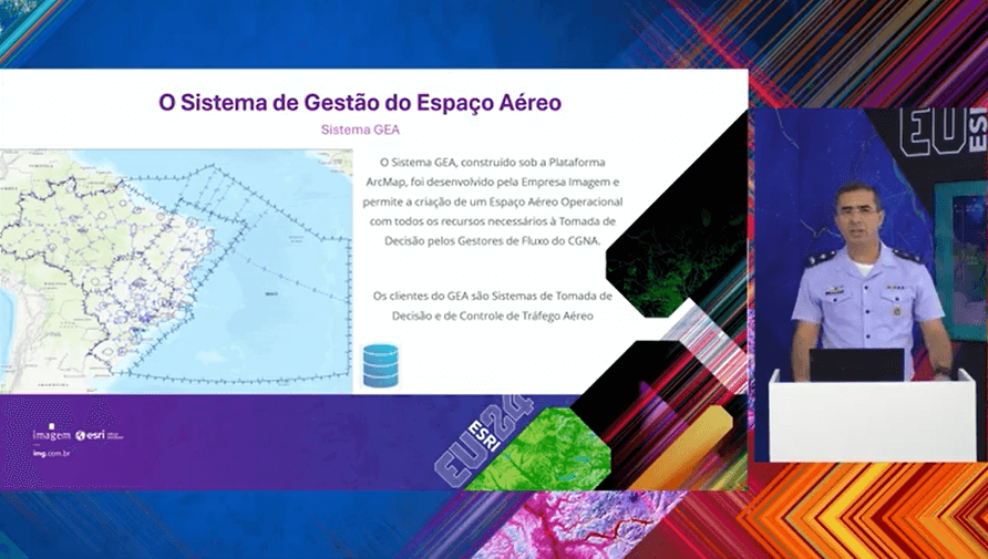 Oficial da Aeronáutica apresenta o Sistema de Gestão do Espaço Aéreo (GEA) desenvolvido na Plataforma ArcMap, com mapa do Brasil e rotas aéreas no slide. Tela destaca a aplicação para tomada de decisão no controle do tráfego aéreo durante o Encontro de Usuários Esri Brasil