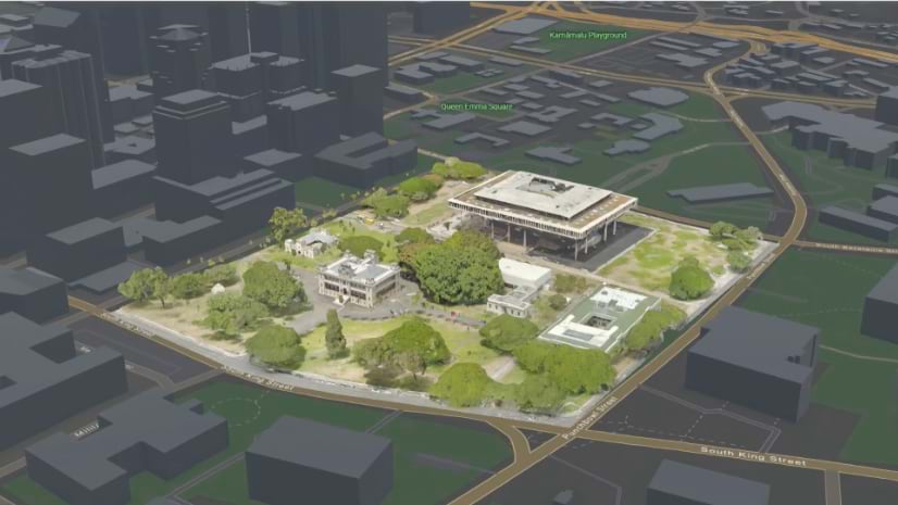 Modelo 3D no ArcGIS de um prédio governamental e seu entorno urbano, representado em um gêmeo digital para planejamento urbano.