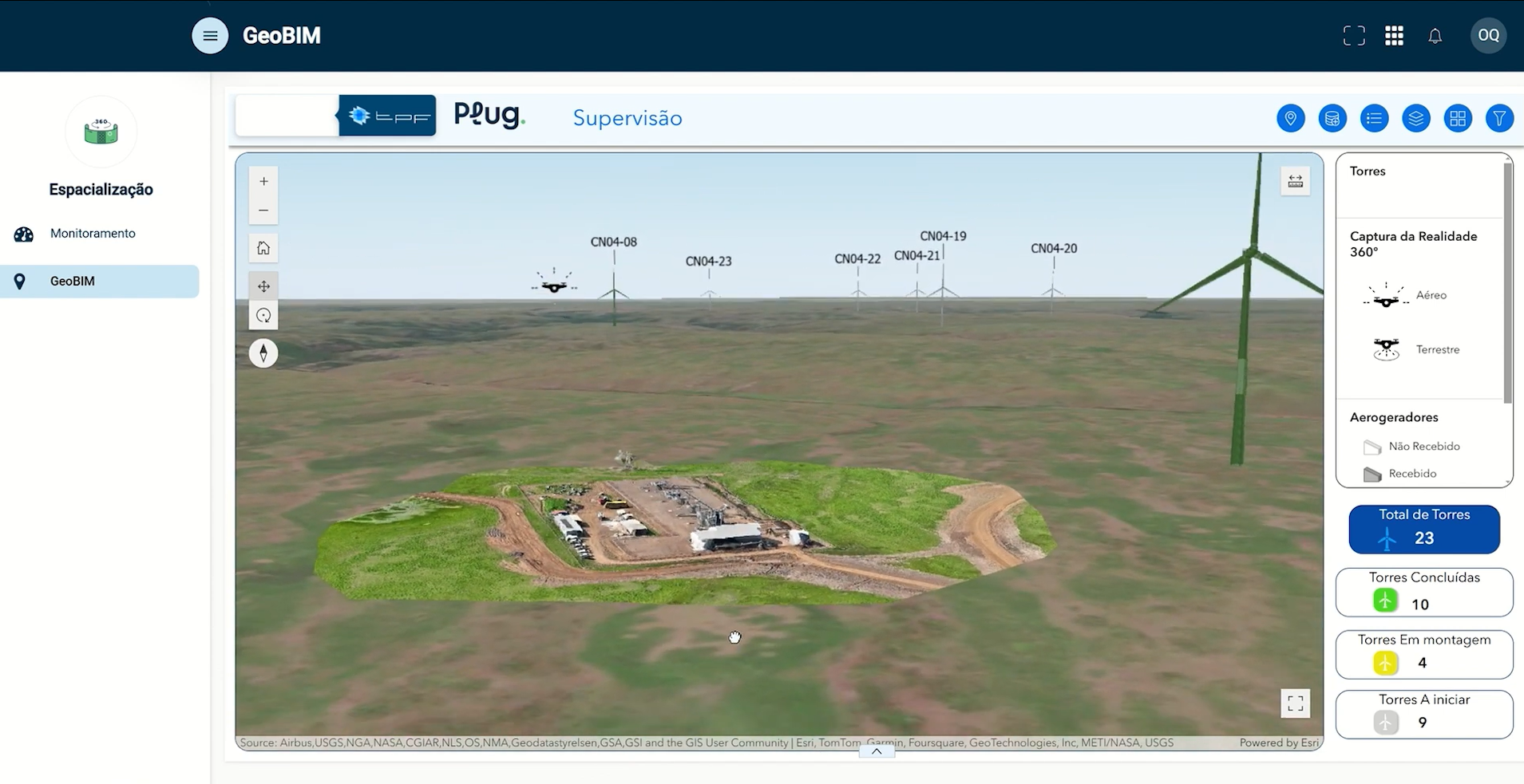 Dashboard interativo de supervisão de parque eólico com indicadores físicos, financeiros e prazos, integrado ao ArcGIS e Power BI.