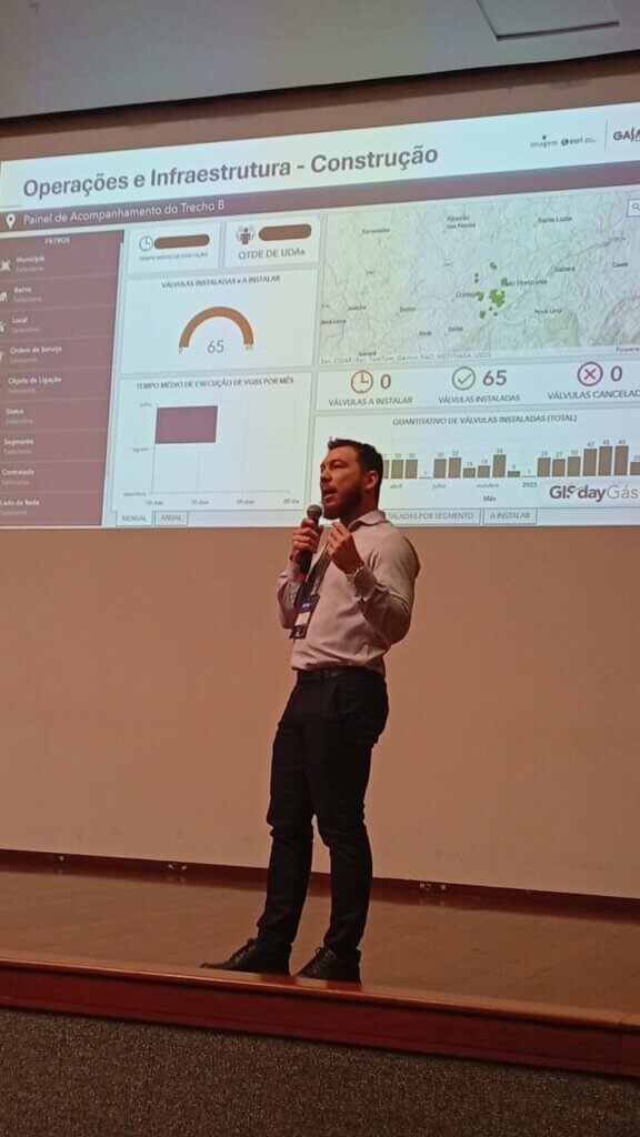 Iury Pires, Analista de Sistemas da Gasmig, apresentando painel sobre operações e infraestrutura com uso do ArcGIS no 3º GIS Day Gás.
