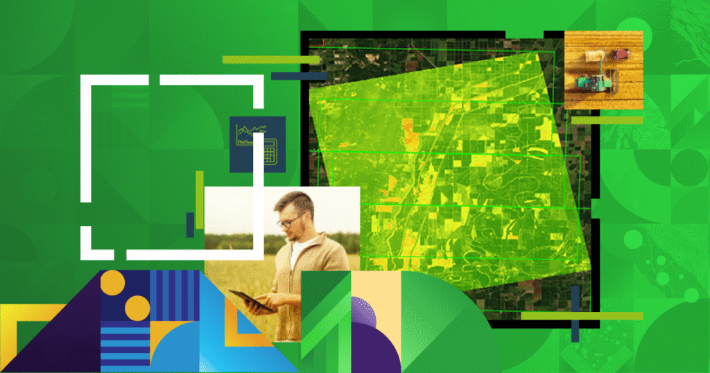 Profissional no campo consultando tablet, com mapa em tons de verde representando agricultura de precisão. Destaques de máquinas agrícolas e gráficos de desempenho.