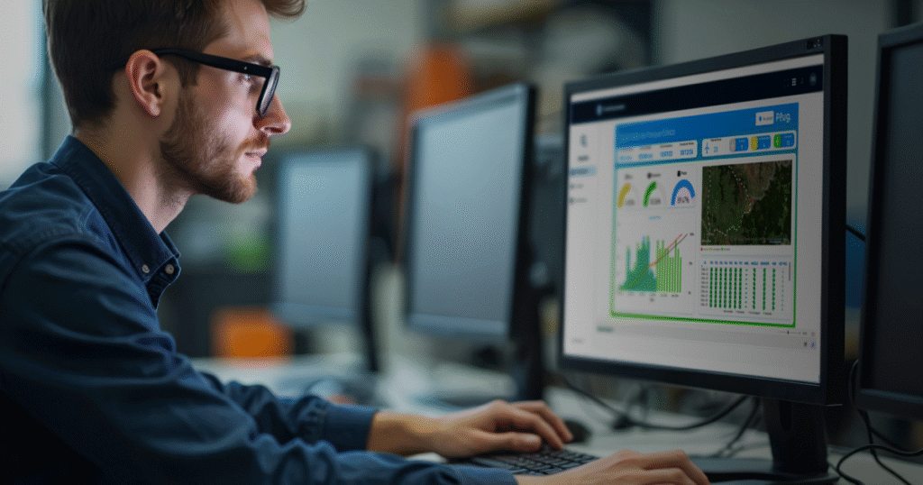 Profissional utilizando computador em ambiente de escritório, analisando painel de controle com gráficos, indicadores e imagem de satélite relacionados à supervisão remota de montagem de aerogeradores em parque eólico.