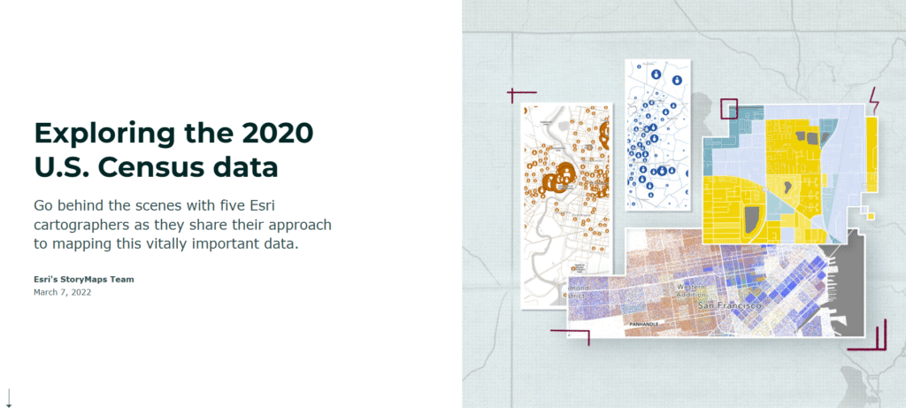 Tela inicial do StoryMap “Exploring the 2020 U.S. Census data”, com mapas temáticos em destaque e texto sobre a abordagem cartográfica da Esri para comunicar dados populacionais.