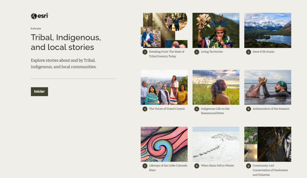 Interface da coleção “Tribal, Indigenous, and local stories” da Esri, com miniaturas de StoryMaps que destacam histórias de comunidades indígenas e locais em diversas regiões.