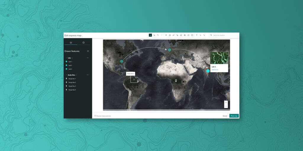Interface do ArcGIS StoryMaps exibindo um mapa express com locais de estudo conectados por setas em diferentes continentes. A tela mostra ferramentas de edição de mapas, pontos marcados com etiquetas como "Lab" e "Study Site", e fundo com imagem de satélite mundial.