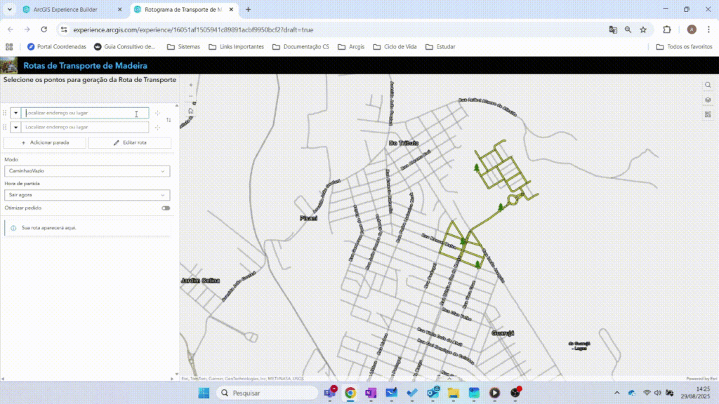 Tela do ArcGIS Experience Builder mostrando o módulo “Rotas de Transporte de Madeira”. À esquerda, há opções para selecionar fazendas e parâmetros de rota. No mapa à direita, aparecem ruas da cidade com rotas destacadas em verde, incluindo setas que indicam o trajeto gerado.