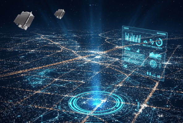 Visualização conceitual de satélites monitorando iluminação pública em áreas urbanas com dashboards inteligentes de geotecnologia.
