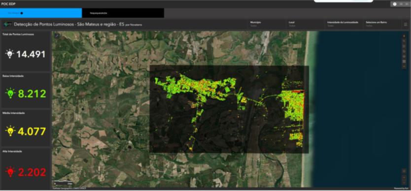 Dashboard interativo ArcGIS com mapeamento de 14.491 pontos luminosos em São Mateus - ES, exibindo baixa, média e alta intensidade.