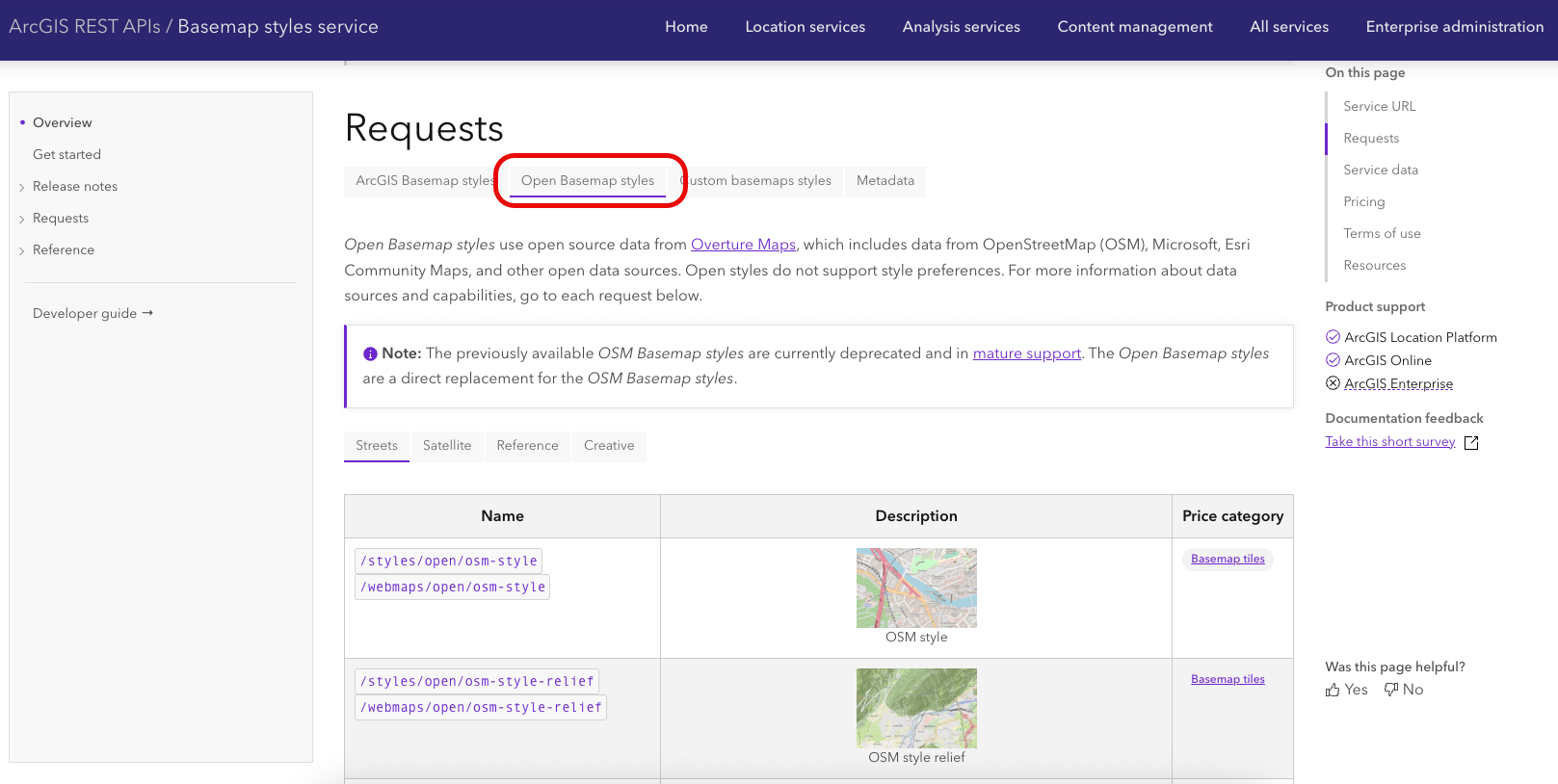 Página da documentação do ArcGIS REST APIs mostrando a seção de Open Basemap Styles, com estilos de mapas abertos derivados do Overture Maps, OpenStreetMap, Esri e Microsoft.