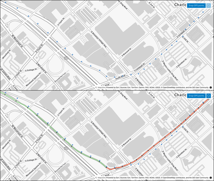 Comparação entre dois mapas: no superior, pontos de GPS aparecem desalinhados das ruas; no inferior, os pontos foram ajustados com a função Snap to Roads do ArcGIS, seguindo com precisão a geometria viária.