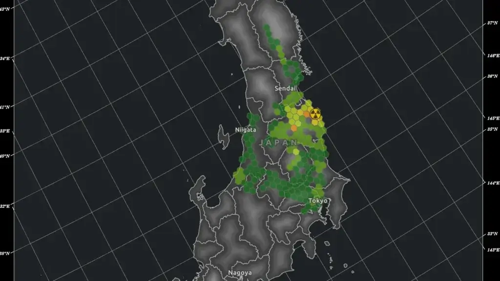 Mapa animado mostrando níveis de radiação no Japão após o desastre nuclear de Fukushima, baseado em dados