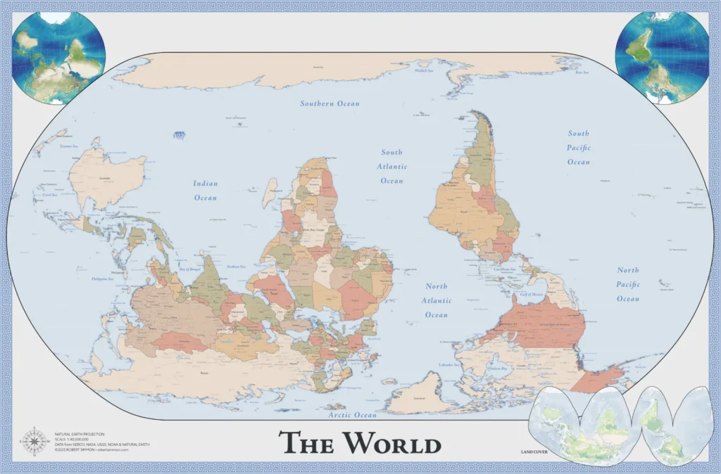 “Mapa-múndi com orientação invertida, mostrando América do Sul, África e Austrália no topo, como exemplo de mapa cultural que desafia a visão tradicional norte-cêntrica.”