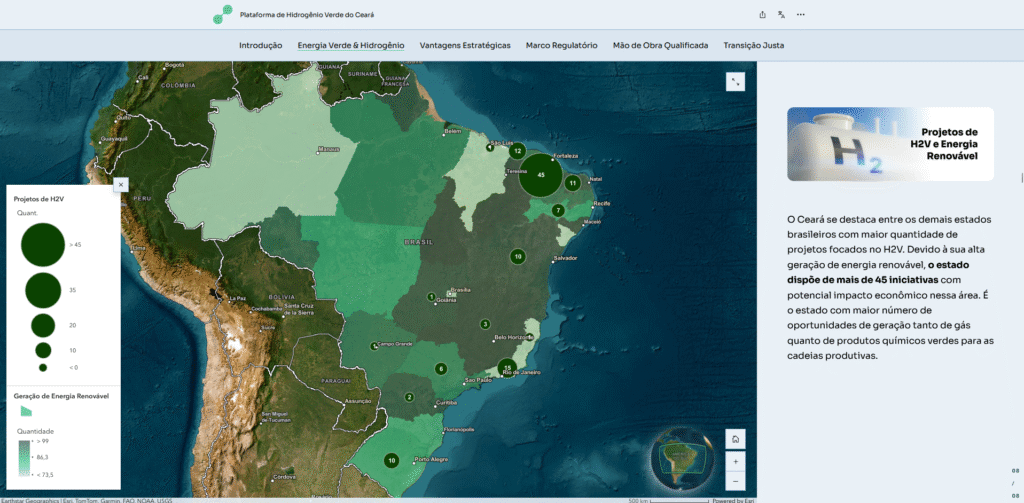 Mapa interativo do Brasil exibindo a distribuição dos projetos de Hidrogênio Verde (H2V) e geração de energia renovável, com destaque para o Ceará, que concentra mais de 45 iniciativas. Criado no ArcGIS StoryMaps, o mapa mostra a liderança do estado nas oportunidades de transição energética.