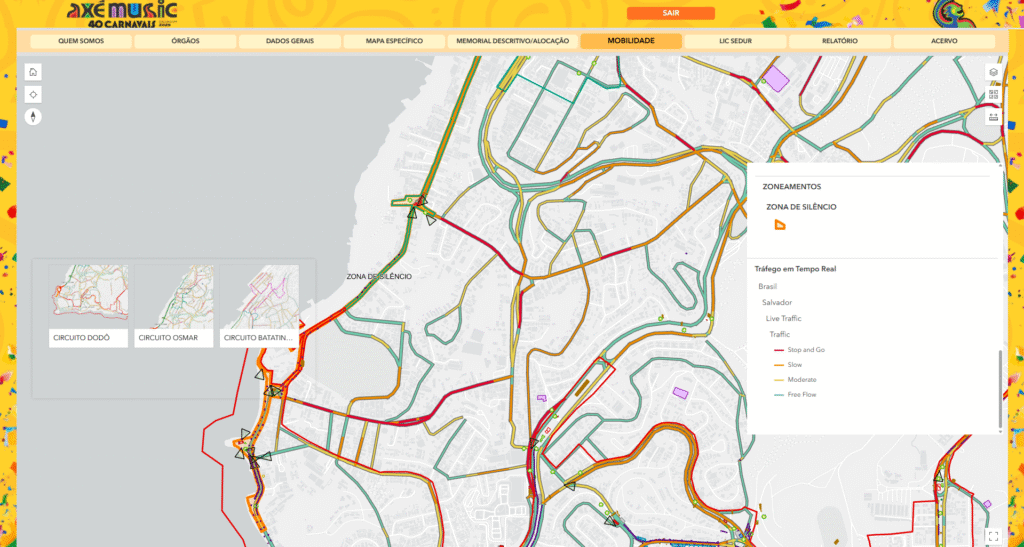 Mapa interativo do Carnaval de Salvador criado no ArcGIS Experience Builder, mostrando os circuitos Dodô, Osmar e Batatinha, com camadas de mobilidade, tráfego em tempo real e zonas de silêncio. A solução integra dados de diversos órgãos municipais para gestão operacional do evento.