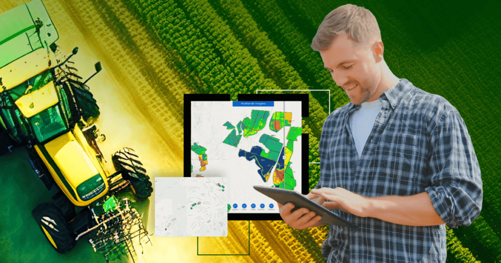 Agricultor usando um tablet em frente a um campo com um trator ao fundo, exibindo mapas temáticos digitais representando análise geográfica aplicada à agricultura de precisão.