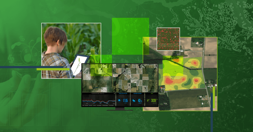 Painel de análise agrícola exibindo mapas de calor, dados de sensoriamento remoto e métricas como precipitação e cobertura de nuvens, com destaque para um jovem agricultor utilizando um tablet no campo, cercado por plantações. A imagem combina tecnologia e agricultura de precisão.