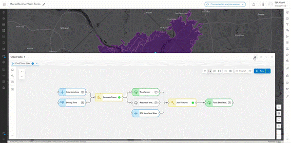 Fluxo de análise espacial no ModelBuilder do ArcGIS Online mostrando ferramentas conectadas para automação de processos geográficos na web
